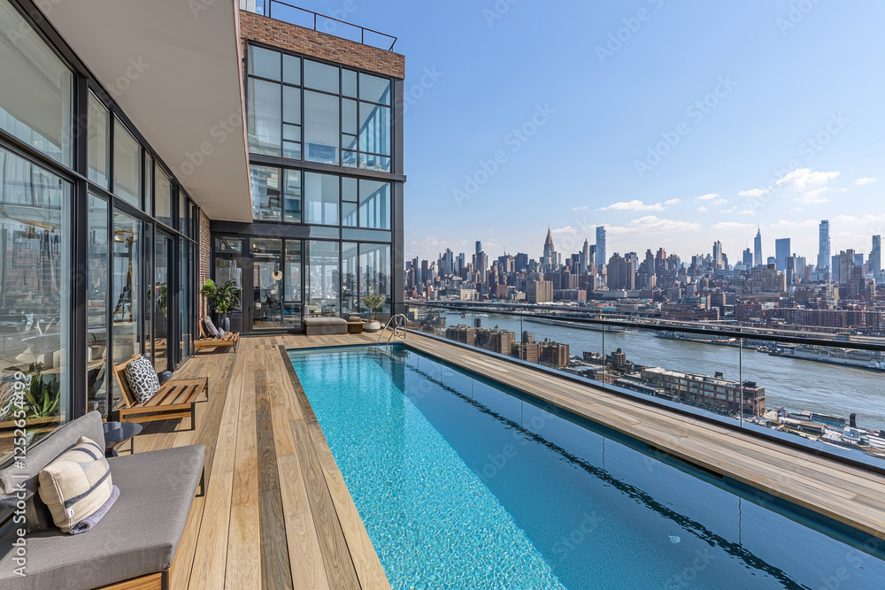 Rooftop pool with city view, ideal for luxury real estate marketing Rooftop pool with city view, ideal for luxury real estate marketing