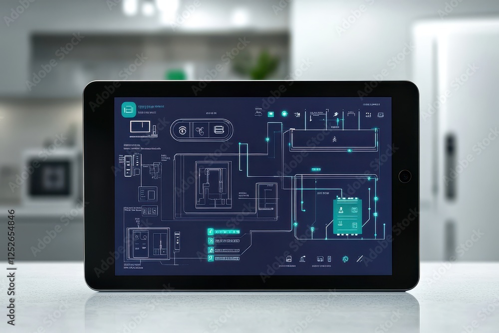 Digital Smart Home Interface Displayed on Tablet Device in Kitchen Digital Smart Home Interface Displayed on Tablet Device in Kitchen