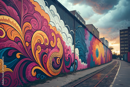 Colorful Wall Mural At Sunset Scene Image With Artistic Design Elements photo