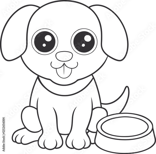 Adorable Cartoon Puppy, Big Eyes, Coloring Page, Pet, Dog, Bowl, Food, Cute, Happy, Drawing