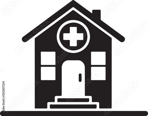 Simple Medical House Icon Silhouette. Clean White Background Vector