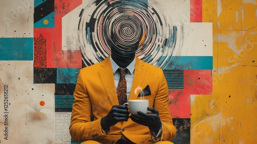 Modern collage of man in a bright yellow suit holding a coffee cup with a spiral replacing his face The background is filled with abstract geometric shapes colorful patterns and layered text