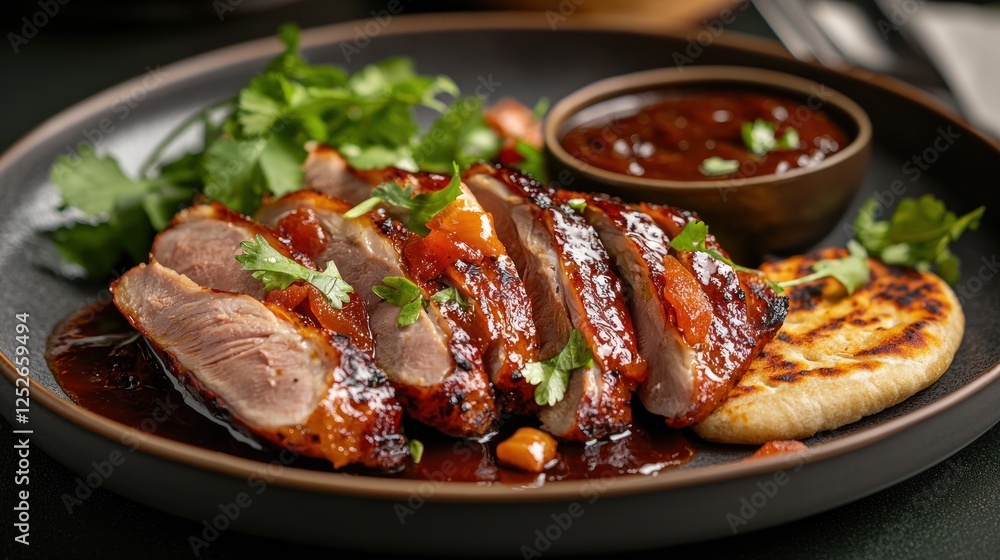 Delicious Sliced Roasted Duck Breast with Sweet and Savory Sauce, Served with Naan Bread and Fresh Cilantro Delicious Sliced Roasted Duck Breast with Sweet and Savory Sauce, Served with Naan Bread and Fresh Cilantro