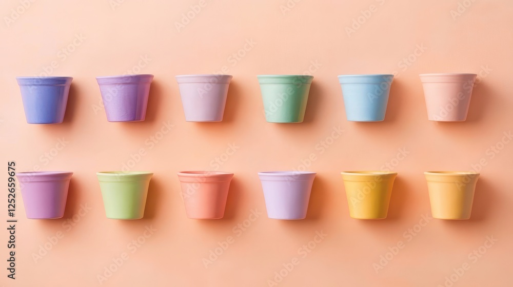 Colorful Flower Pots Arrangement on Soft Peach Background Colorful Flower Pots Arrangement on Soft Peach Background