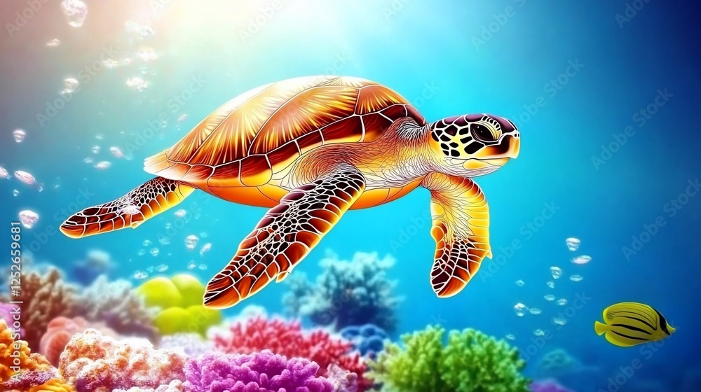 Fototapeta premium Colorful Sea Turtle in Coral Reef Underwater Scene
