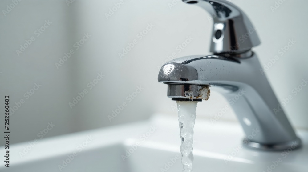Close-up of a chrome faucet with mineral deposits, showing a steady stream of water Close-up of a chrome faucet with mineral deposits, showing a steady stream of water