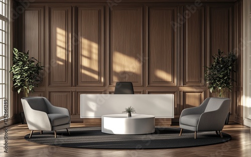 Modern Office Interior Design  Elegant Wood Paneling  Comfortable Seating  and Stylish Reception Desk in a Sunlit Room