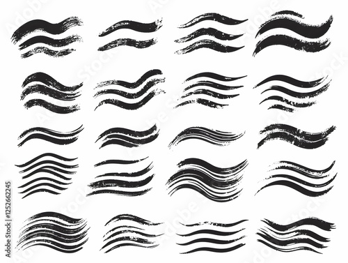 Collection of wavy brush strokes, design elements, white background, graphic design