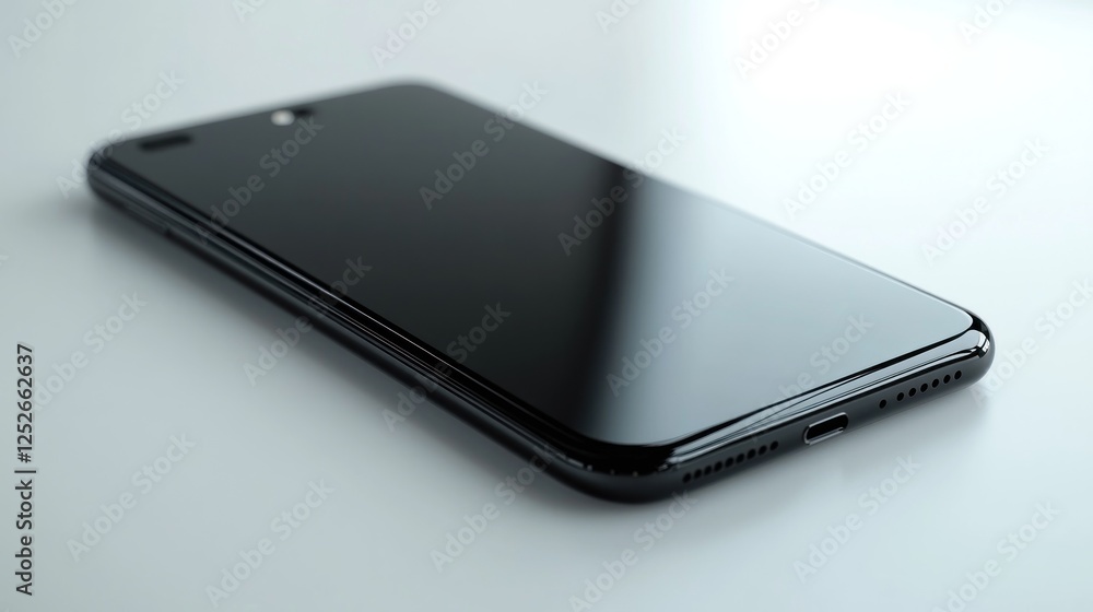 Sleek black smartphone on white table. Technology website use Sleek black smartphone on white table. Technology website use