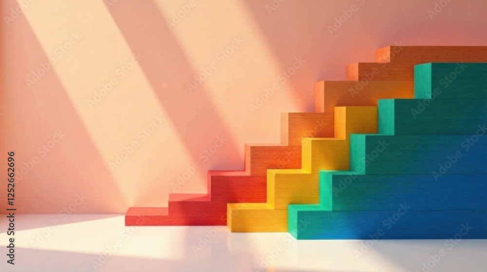 Colorful Ascending Steps Illuminated by Sunlight in a Minimalist Setting Colorful Ascending Steps Illuminated by Sunlight in a Minimalist Setting
