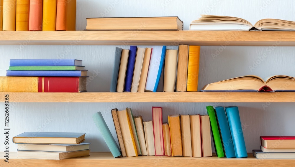 Fototapeta premium Light Wooden Bookcase with Books and Decorative Items