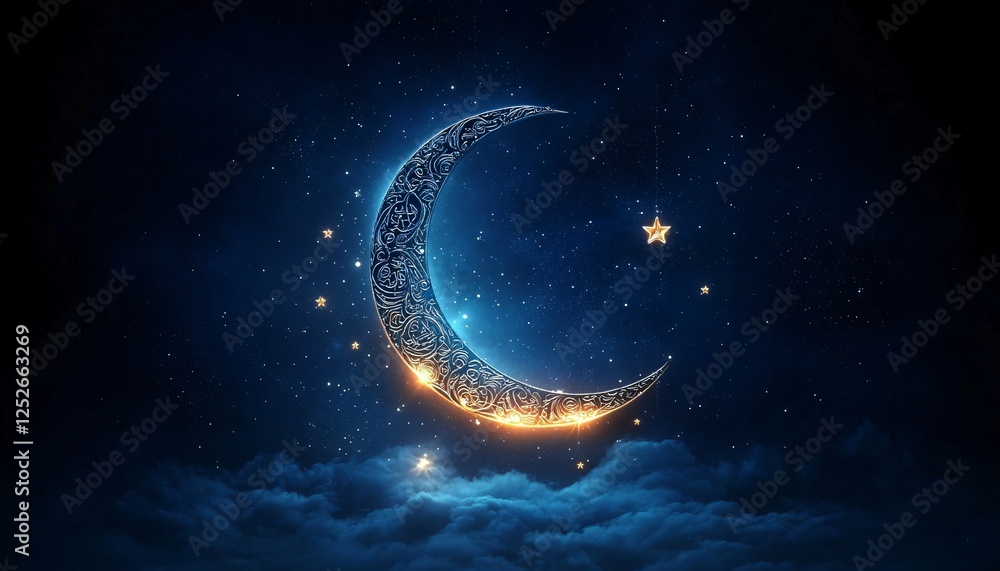 An ethereal digital illustration featuring a crescent moon and delicate stars, perfect for Ramadan-themed designs, invitations, and nighttime events. An ethereal digital illustration featuring a crescent moon and delicate stars, perfect for Ramadan-themed designs, invitations, and nighttime events.