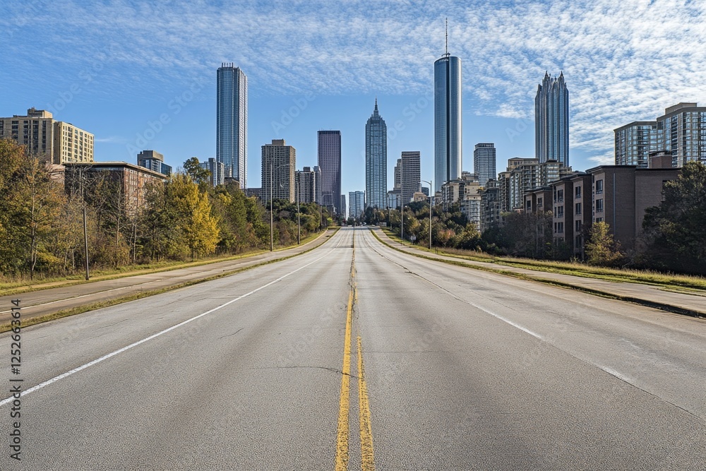Empty city highway leading to downtown skyline on sunny day Empty city highway leading to downtown skyline on sunny day