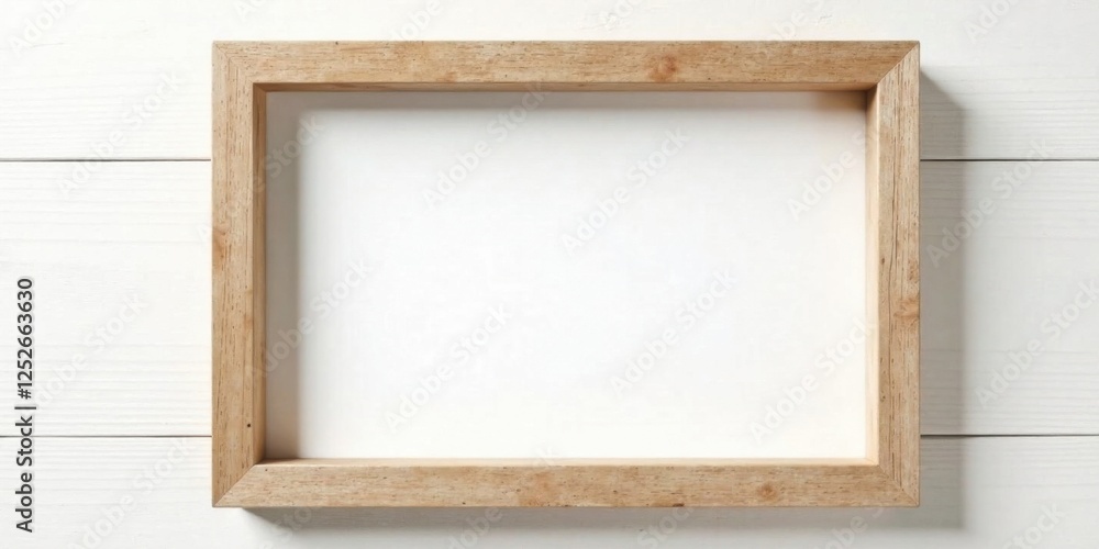 Fototapeta premium A Simple Light Wooden Frame on a White Plank Background, Perfect for Your Design Projects or Mockups
