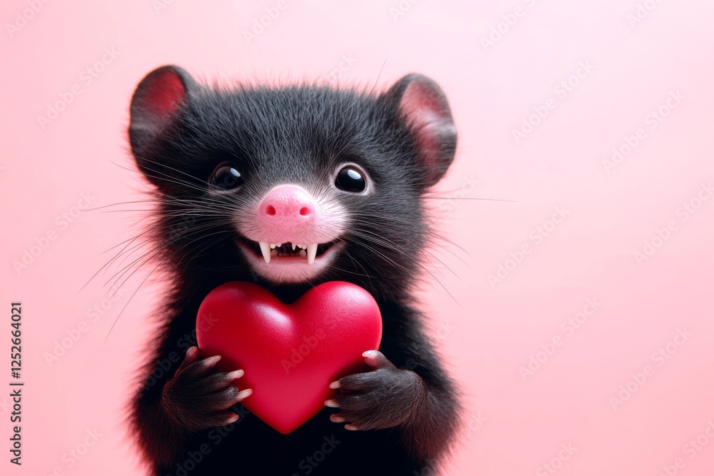 Tasmanian demon - my treasured animal. Cute tasmanian satan baby with domestic animal toy red heart - emblem of love, funny greeting card. Promotion graphic artwork. Ad campaign idea. Tasmanian demon - my treasured animal. Cute tasmanian satan baby with domestic animal toy red heart - emblem of love, funny greeting card. Promotion graphic artwork. Ad campaign idea.