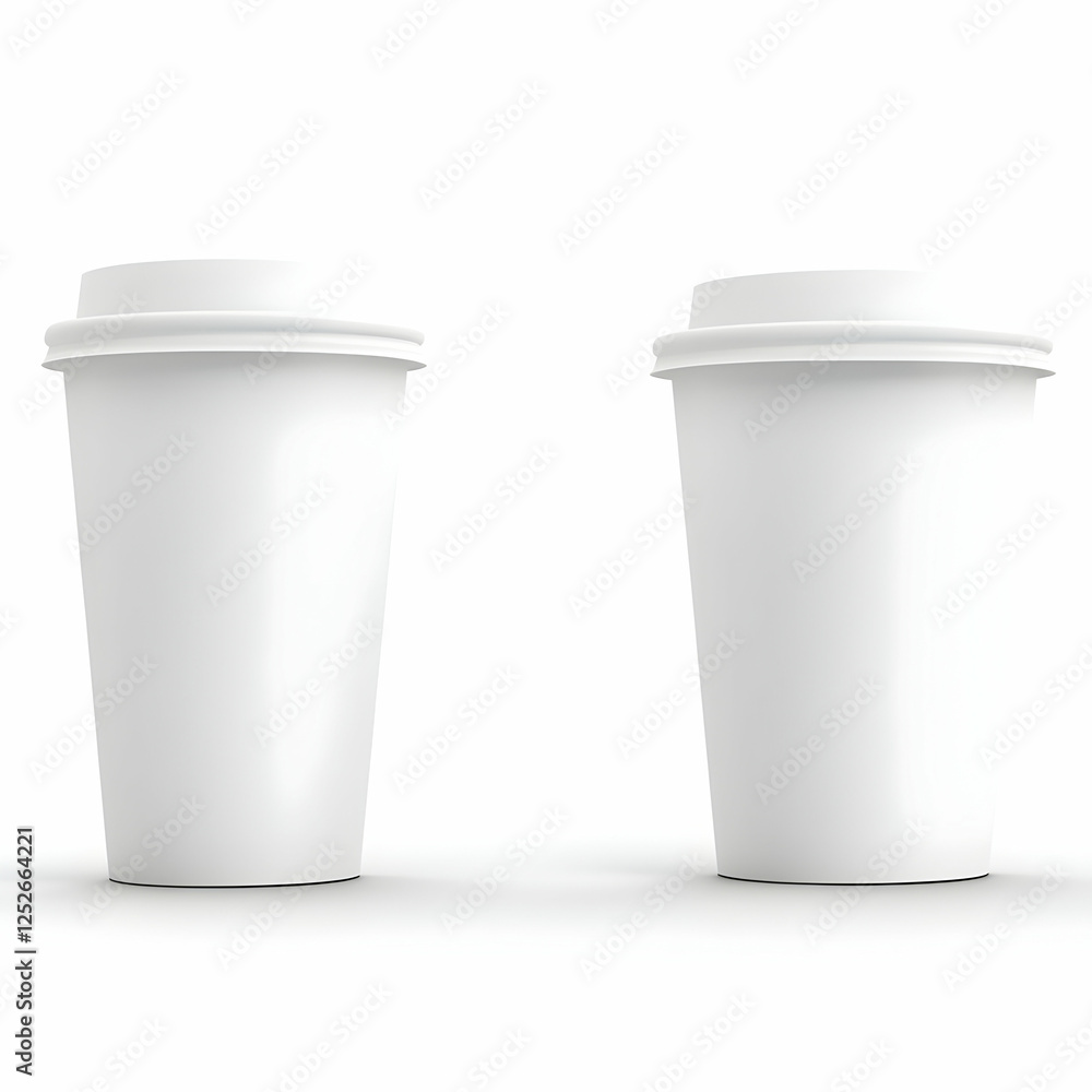 Two blank white disposable coffee cups on white background; mock-up for branding Two blank white disposable coffee cups on white background; mock-up for branding