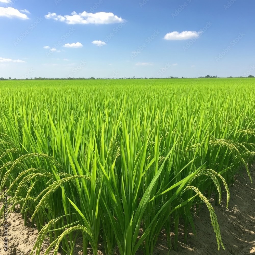 Lush Green Rice Field Divided into Perfectly Square Sections Lush Green Rice Field Divided into Perfectly Square Sections