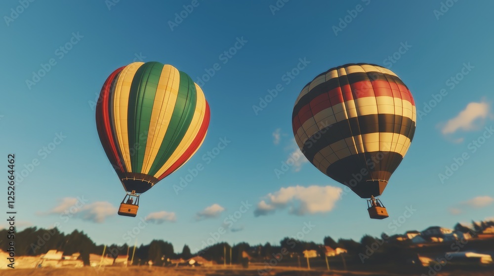 Fototapeta premium Two hot air balloons fly over rural landscape at sunset