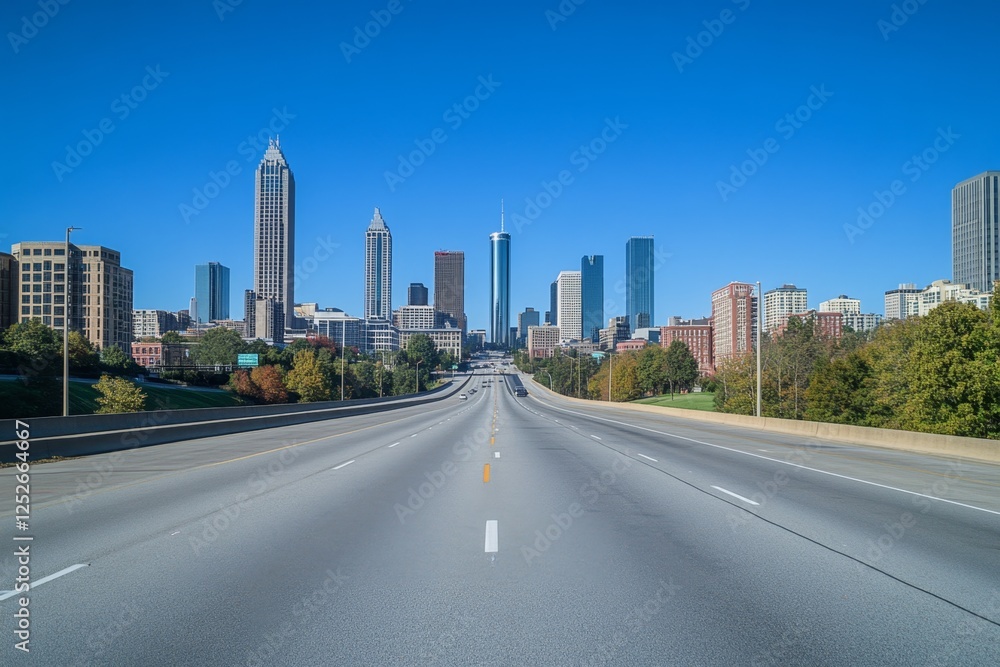 Highway towards city skyline, sunny autumn day Highway towards city skyline, sunny autumn day