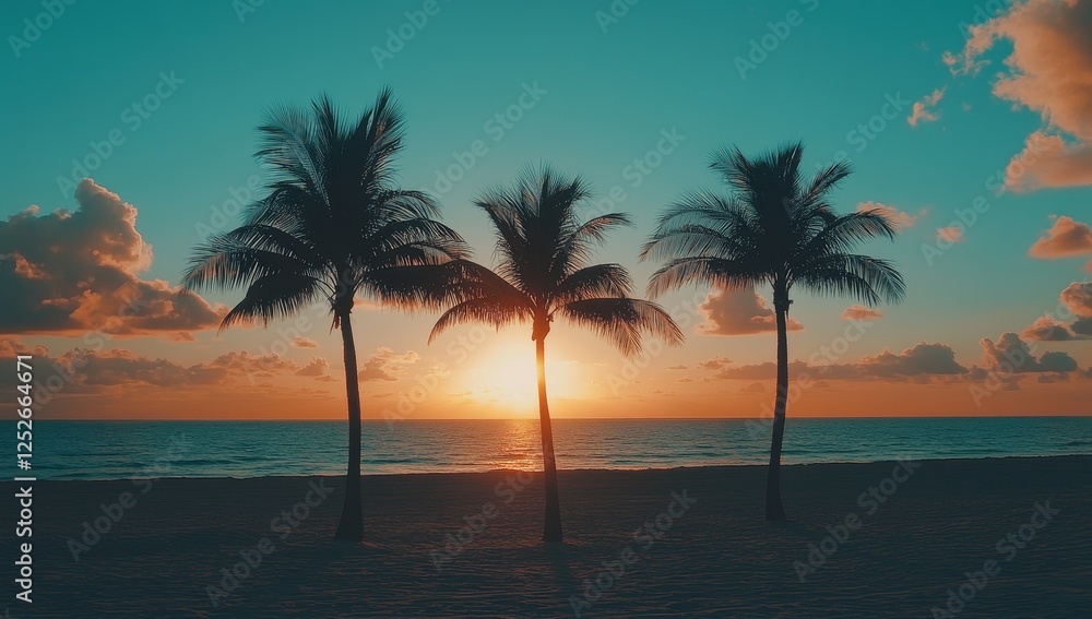 Sunrise silhouettes of three palm trees on a tropical beach. Sunrise silhouettes of three palm trees on a tropical beach.