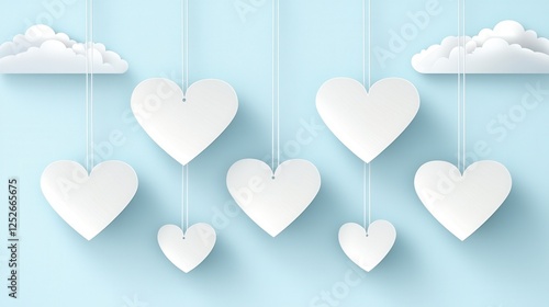 Paper Hearts Hanging From Strings On Pastel Blue Backgrounds Keywords hearts, paper, hanging