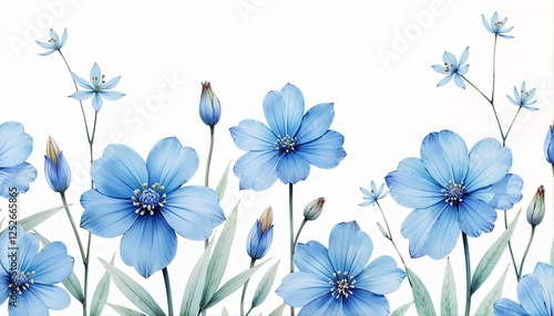 Wallpaper Mural  Watercolor blue flowers with green leaves. Torontodigital.ca