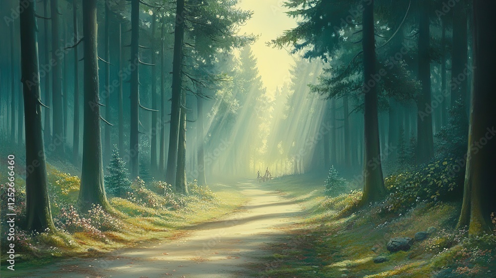 Sunlit forest path, deer, morning mist, nature, game design Sunlit forest path, deer, morning mist, nature, game design