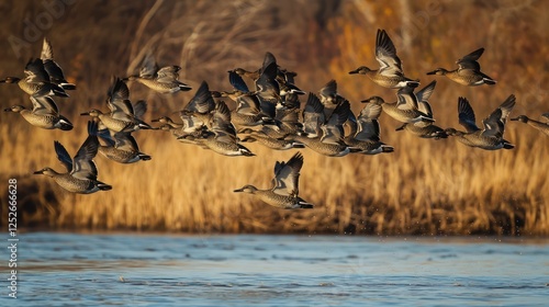 A flock of ducks flying over a calm lake during sunset, golden hour light