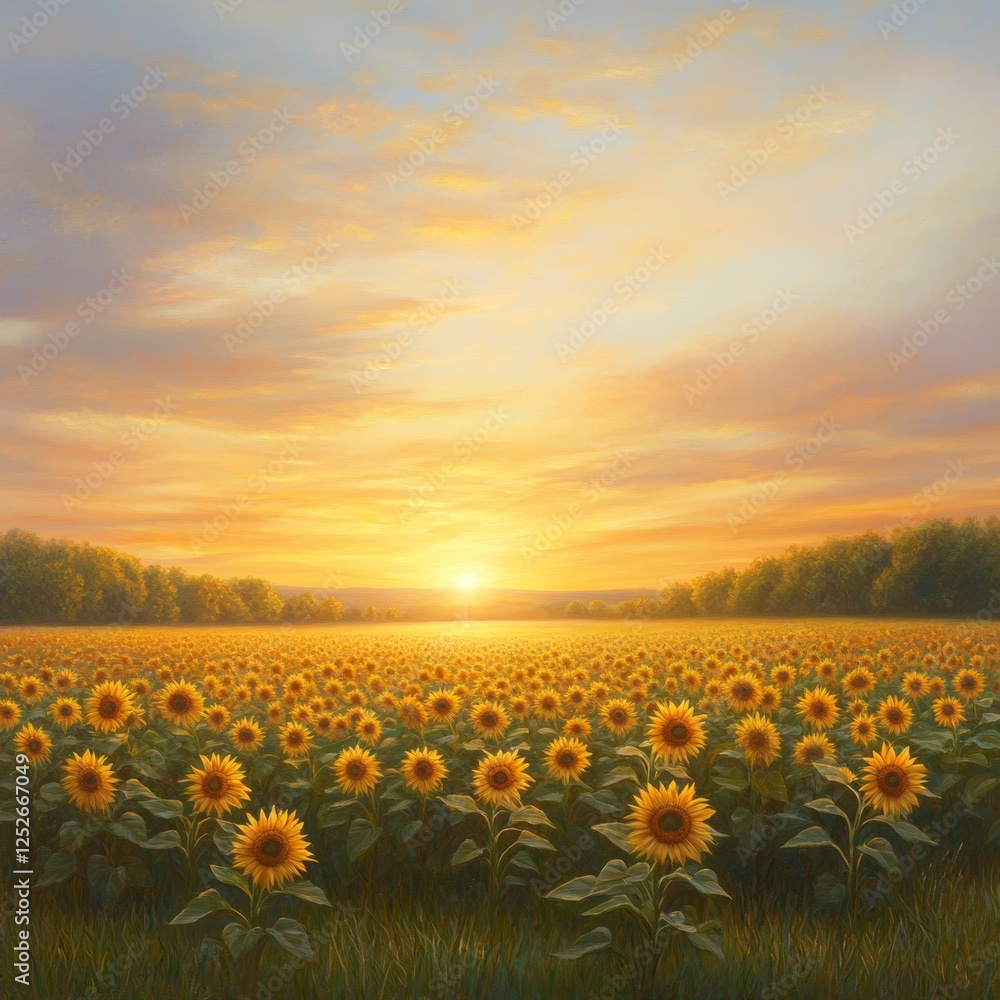 Obraz premium Serene Sunset Over Sunflower Field Illuminated by Golden Light