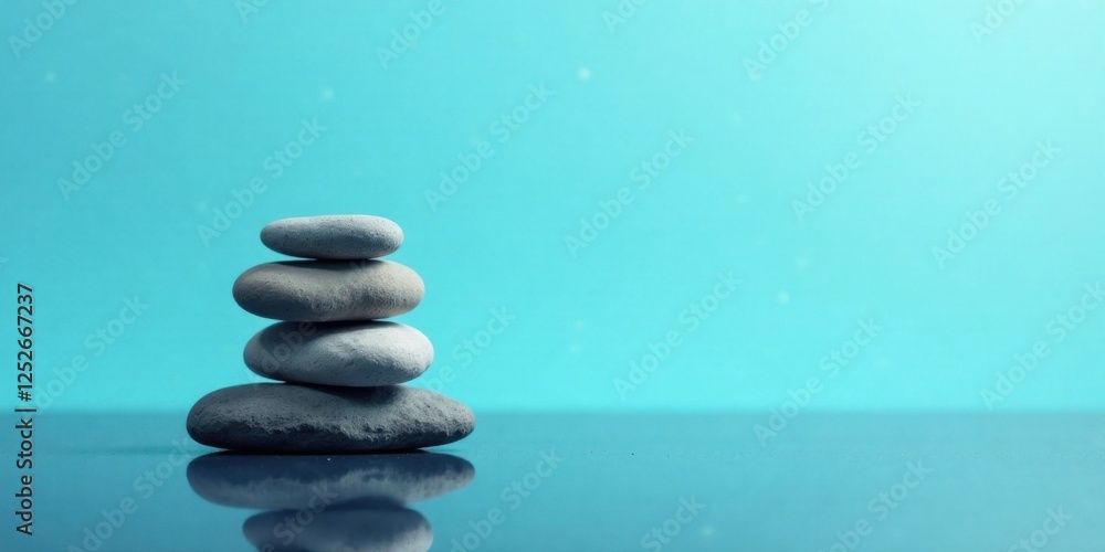 Serene Stack of Smooth Stones Reflecting on a Tranquil Aqua Surface, a Symbol of Balance and Harmony Serene Stack of Smooth Stones Reflecting on a Tranquil Aqua Surface, a Symbol of Balance and Harmony