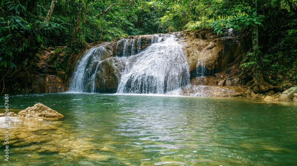 Fototapeta premium A waterfall cascading down into a serene pool of water in the forest.