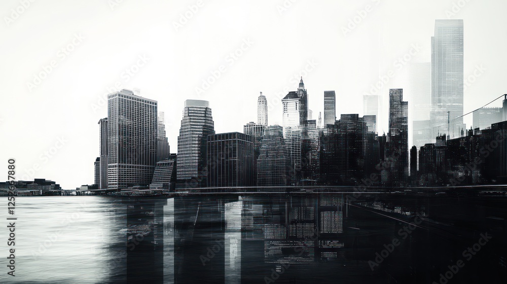 Fototapeta premium Cityscape Double Exposure, Urban Skyline, Waterfront, Bridge, Modern Architecture, Business Background