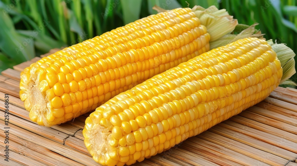 Fresh Yellow Corn on Cob with Green Leaves Background Fresh Yellow Corn on Cob with Green Leaves Background