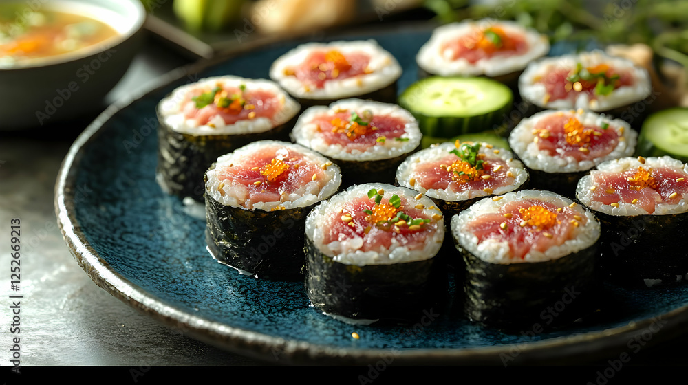 Assortment Of Fresh Tuna Sushi Rolls On Plate Assortment Of Fresh Tuna Sushi Rolls On Plate