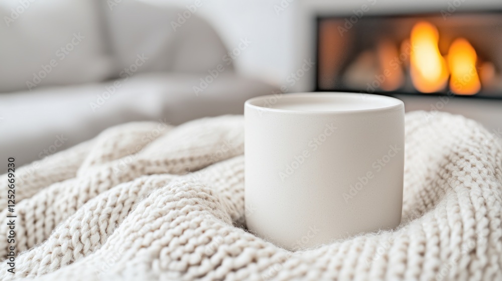 Cozy winter mug on knit blanket by fireplace Cozy winter mug on knit blanket by fireplace