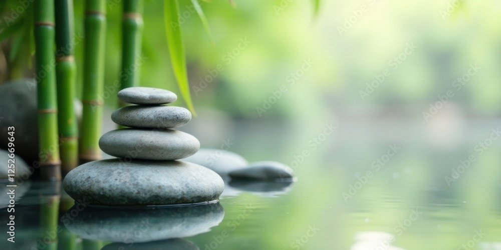 Serene Stacked Stones in a Tranquil Bamboo Garden Reflecting in Calm Water Serene Stacked Stones in a Tranquil Bamboo Garden Reflecting in Calm Water