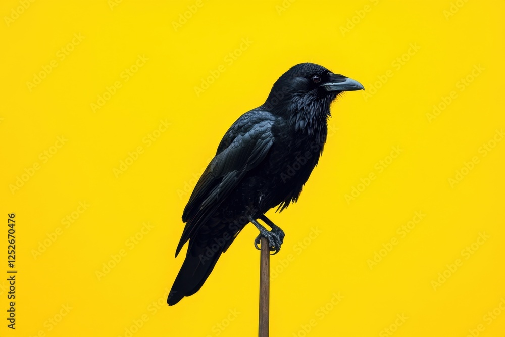Obraz premium Black raven perched on a stick against a yellow background