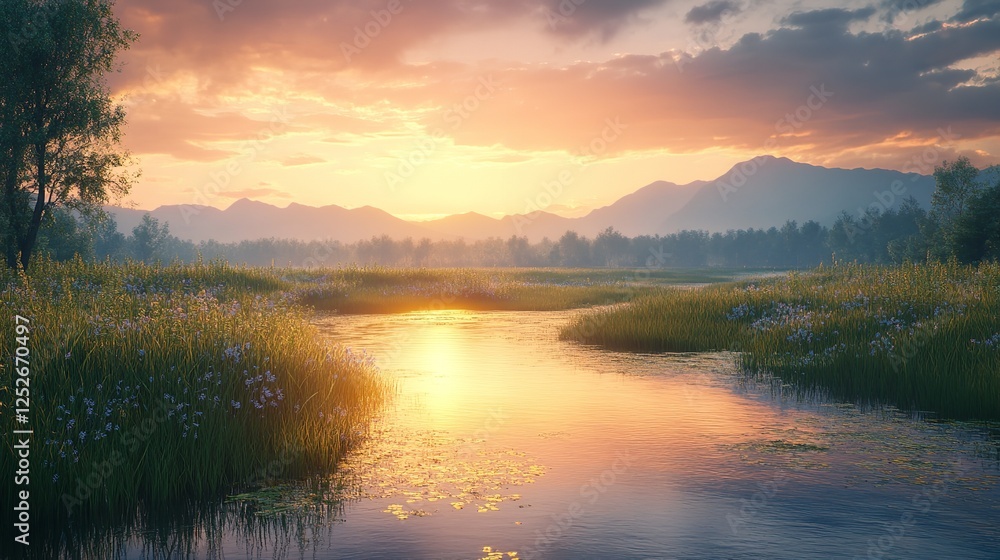 Fototapeta premium Serene Sunrise Over Misty Mountain Lake