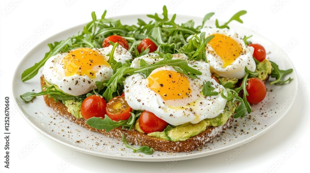 A vibrant avocado toast topped with cherry tomatoes, arugula, and poached eggs. A vibrant avocado toast topped with cherry tomatoes, arugula, and poached eggs.