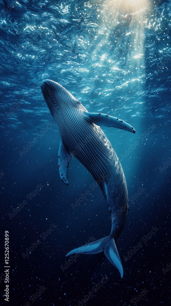 Obraz premium Majestic humpback whale swimming gracefully underwater with sunlight
