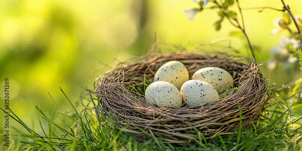 Obraz premium Vogelnest mit Ostereier in der Natur im Garten. Hintergrundbild für Ostern. Gefärbte Eier.