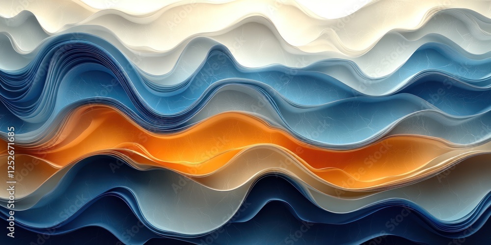 Obraz premium Abstract Wave Symphony: A mesmerizing blend of blue, orange, and white hues creating a dynamic and flowing abstract artwork.