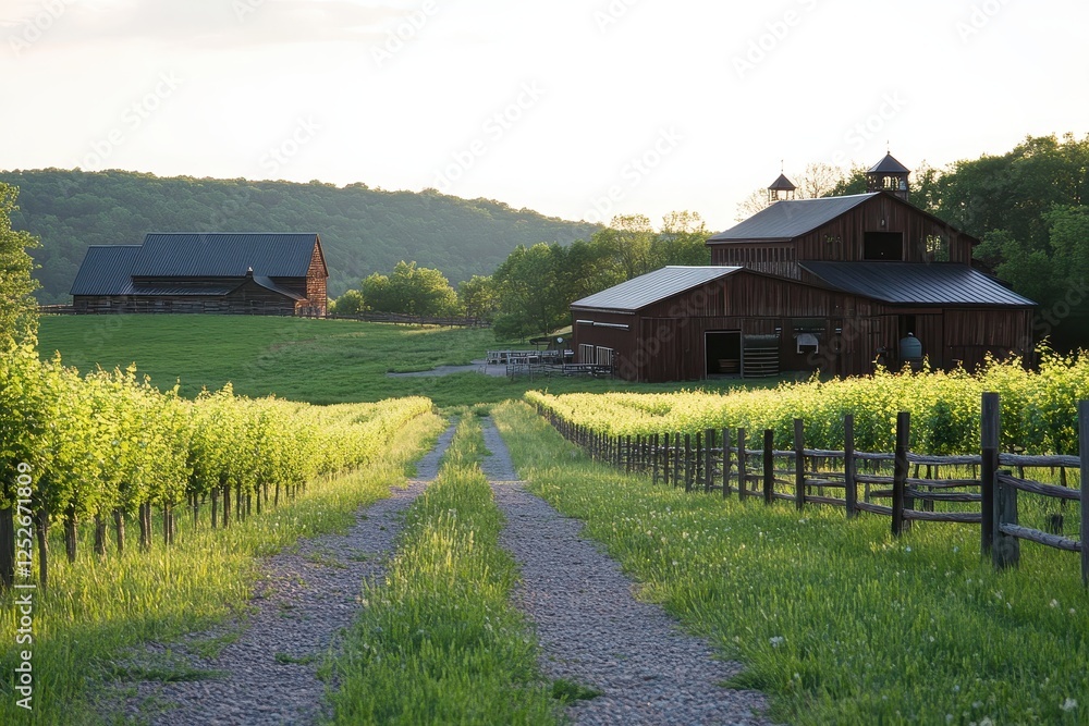 Fototapeta premium Serene Vineyard Landscape with Barns under Golden Sunrise Light