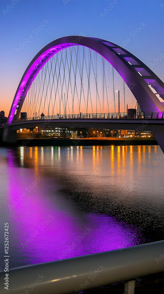 Obraz premium Purple Lit Bridge at Dusk, Realistic Image