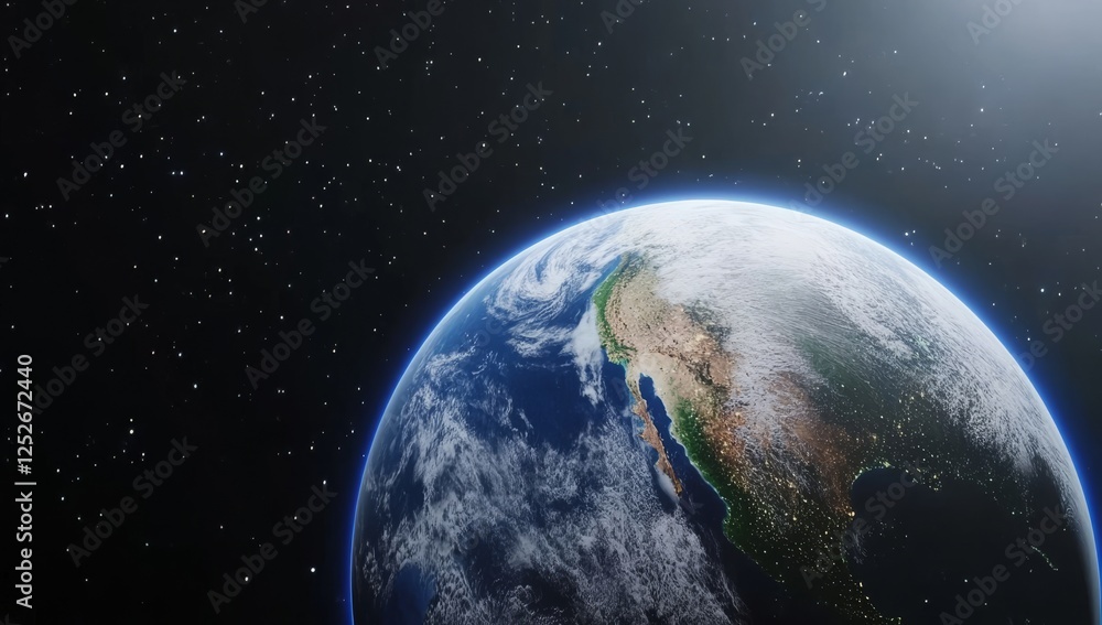 Obraz premium View of Earth from Space with Glowing Lights on the Horizon