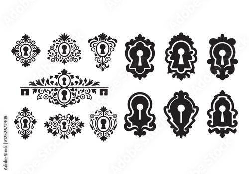 A vector illustration of unique key and lock decorations in silhouette form. Each decoration replaces traditional floral patterns with ornate keyhole and lock motifs. A centered line runs through