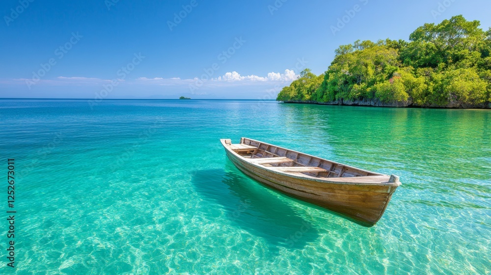 Serene Traditional Wooden Fishing Boat Anchored in Clear Water Serene Traditional Wooden Fishing Boat Anchored in Clear Water