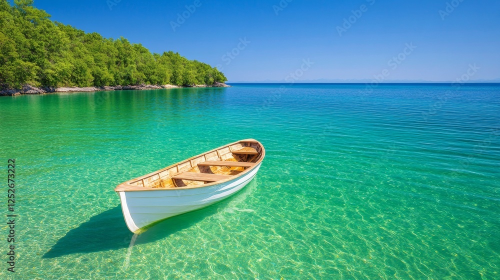 Naklejka premium Traditional Wooden Fishing Boat Anchored in Calm Blue Water