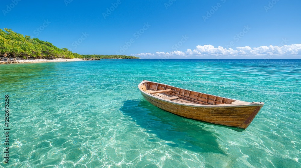 Traditional Wooden Fishing Boat Anchored in Calm Turquoise Water Traditional Wooden Fishing Boat Anchored in Calm Turquoise Water