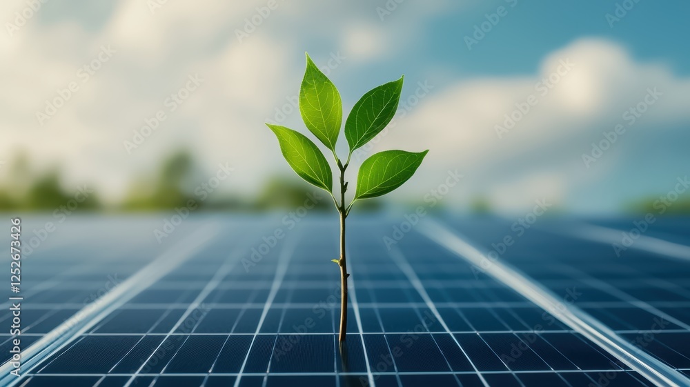 Fototapeta premium A young green plant emerges from a solar panel, symbolizing the harmony between nature and renewable energy.